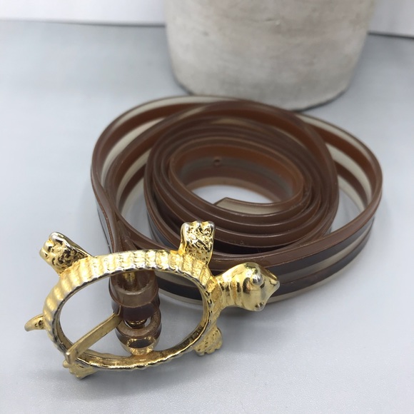 Turtle buckle plastic chokolate brown transparent belt size approx small - Picture 1 of 4